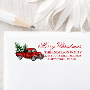 Étiquette Watercolor Vintage Truck Red Christmas Address