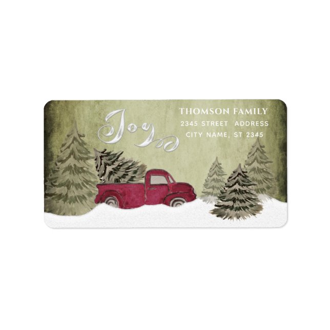 Étiquette Watercolor Winter scène rouge camion Joy Holiday (Devant)