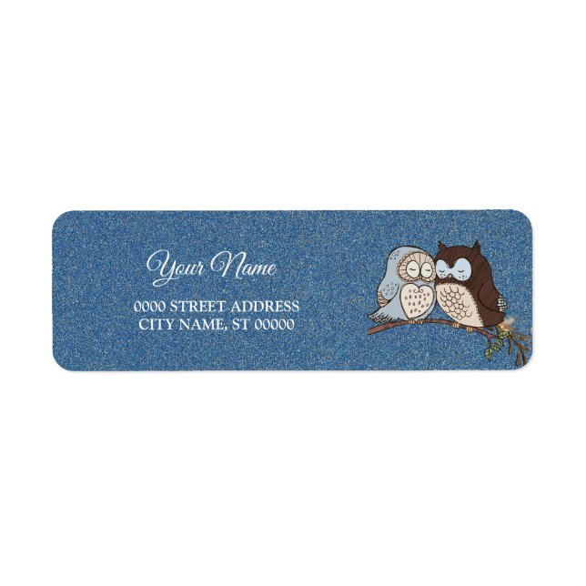 Étiquette Wedding Blue Brown Owl Glitter Return Address (Devant)