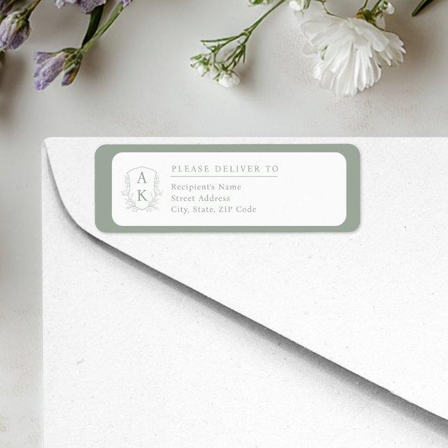 Étiquette Wedding Crest Monogram Sage Green Return Address (Créateur téléchargé)