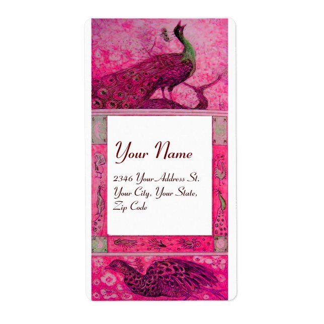 Étiquette WEDDING LOVE PEACOCKS ,red fuchsia pink white (Devant)