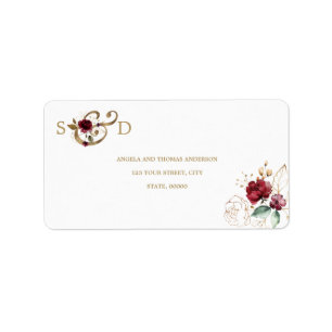 Étiquette Whimsical Bourgogne Gold Flowers Monogramme Mariag