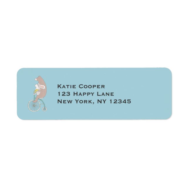 Étiquette Whimsical Bunny and Bear Riding a Bike (Devant)