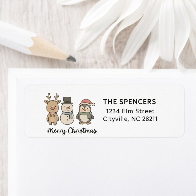 Étiquette Whimsical Reindeer, Snowman & Penguin Christmas (En situation)