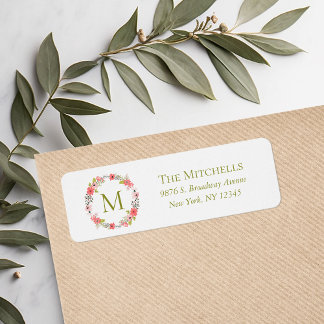 Étiquette Whimssal Floral Wreath Monogramme Adresse de retou
