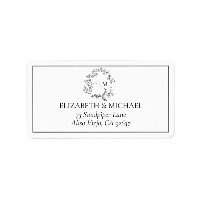 Étiquette White Black Leafy Crest Monogram Adresse du Mariag (Devant)