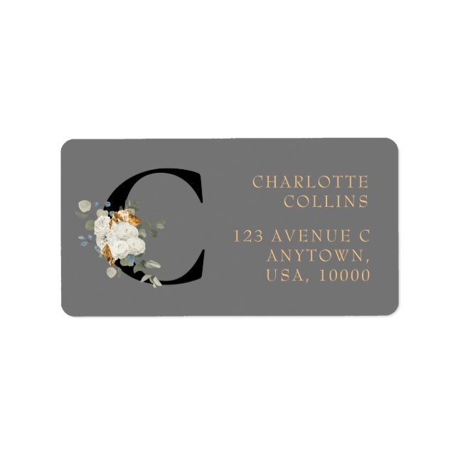Étiquette  White Floral Gold Accents Monogram C (Devant)