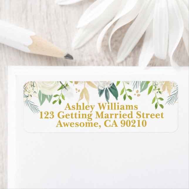 Étiquette White & Gold Chic Greenery Mariage Adresse de reto (En situation)