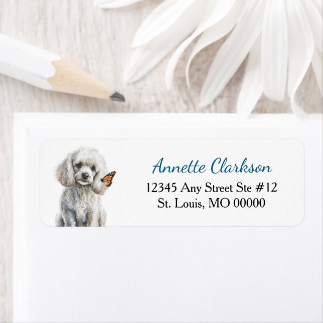 Étiquette White Poodle Dog Butterfly Wonder Return Address (En situation)