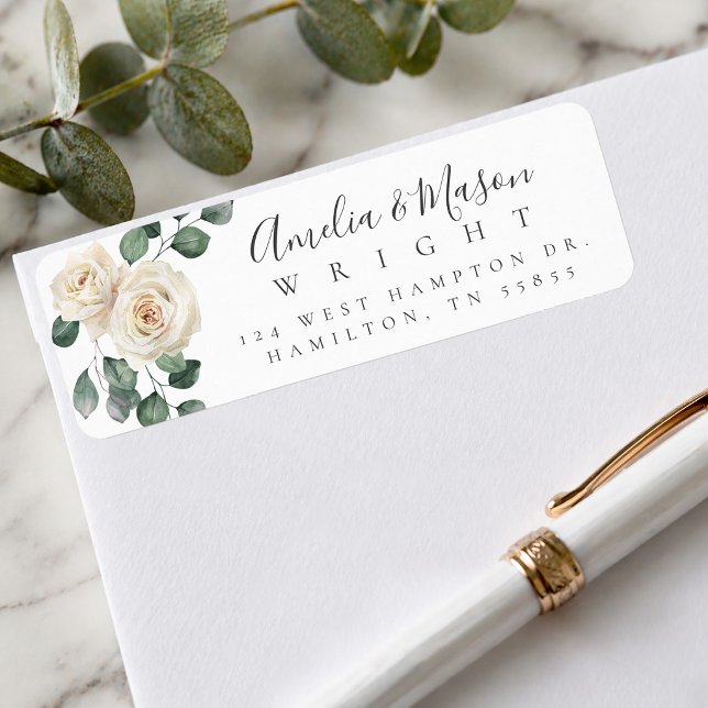 Étiquette White Rose Botanical Wedding Return Address (White Rose Botanical Wedding Return Address Label)