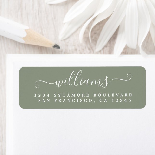 Étiquette White Script Sage Green Return Address Label (En situation)