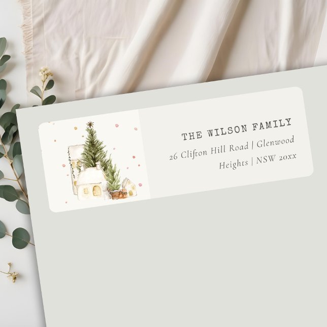 Étiquette White Snowfall Tree Maisons Noël (Créateur téléchargé)