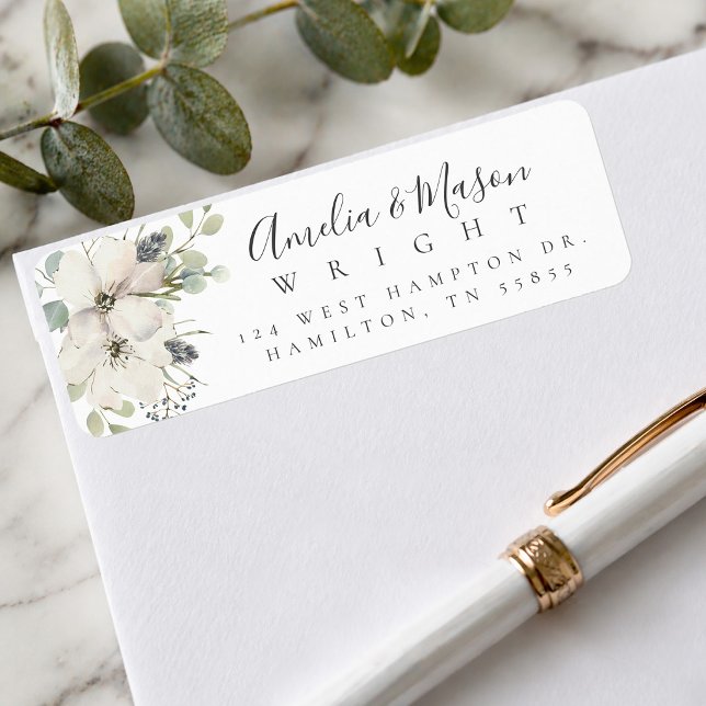 Étiquette Wild Floral Blooms Elegant Script Return Address  (Greenery White Rose Elegant Script Return Address Label)