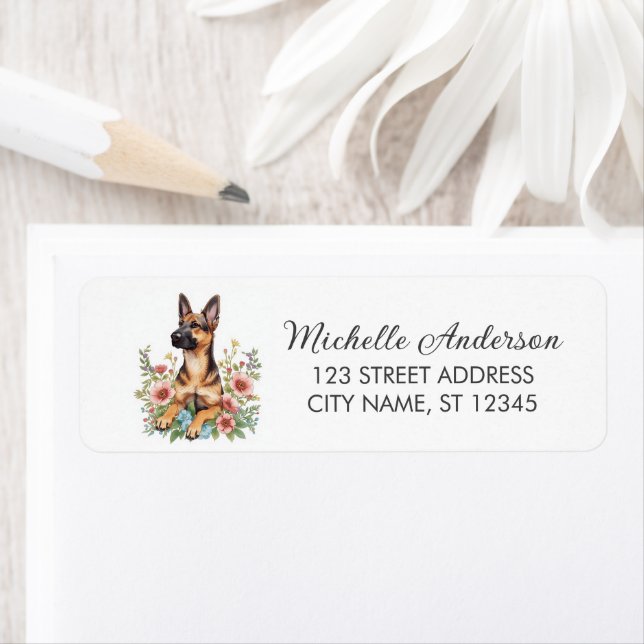 Étiquette Wildflower Cute German Shepherd Dog Return Address (En situation)
