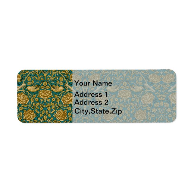 Étiquette William Morris Motif Rose Tudor Bleu Doré (Devant)