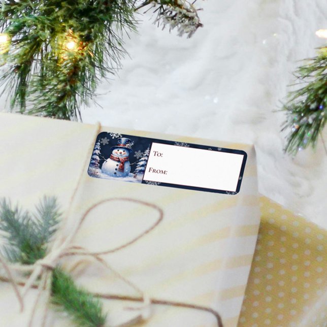 Étiquette Winter Forest Snowman cadeau de Noël à et de (Winter Forest Snowman Christmas Gift To and From Label)