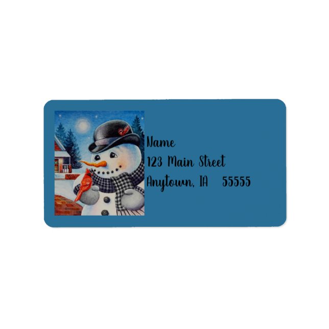 Étiquette Winter Snowman & Red Cardinal Bird Aquarelle Art (Devant)