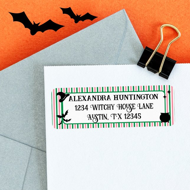 Étiquette Witch Themed Pink & Green Halloween Return Address (Créateur téléchargé)