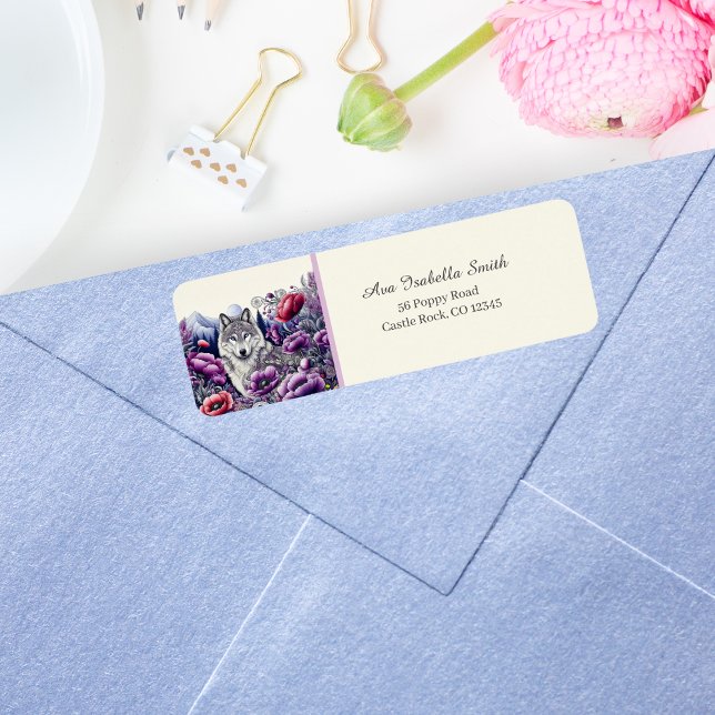 Étiquette Wolf In Poppy Field Folk Art Return Adresse (A botanical wolf illustration for advance ai makes this a lovely return address label!)