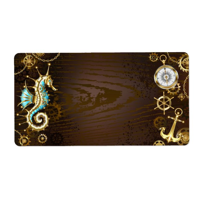 Étiquette Wooden Background with Mechanical Seahorse (Devant)