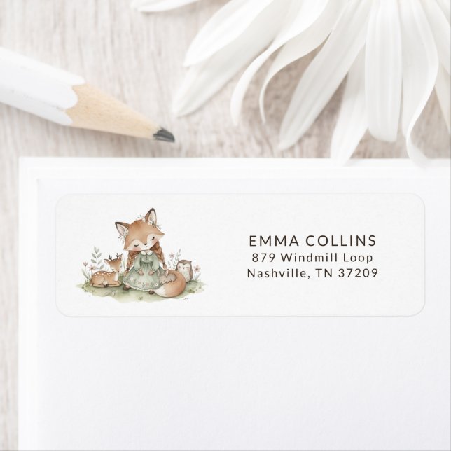 Étiquette Woodland Fox Girl Baby Shower Return Address Label (En situation)