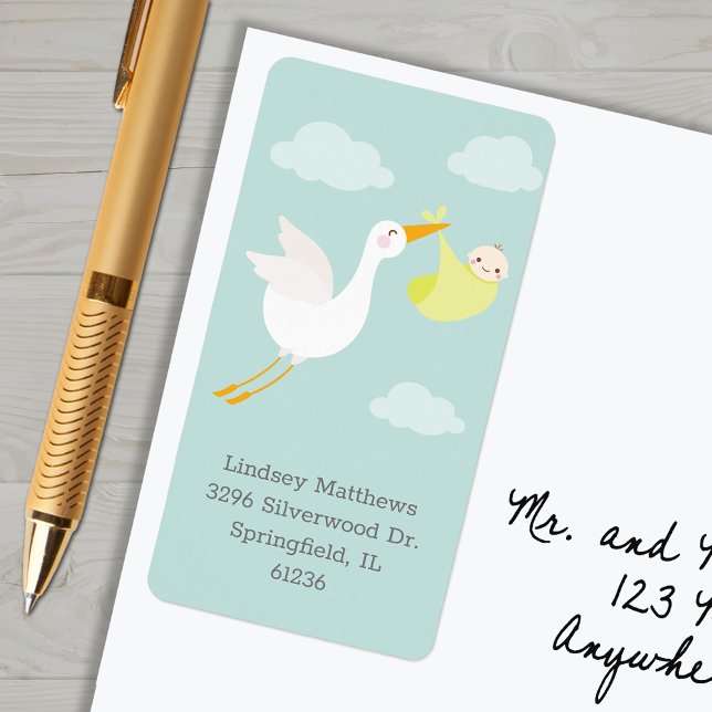 Étiquette Yellow Stork Bundle Baby shower Adresse de retour (Yellow stork bundle unisex baby shower return address labels)