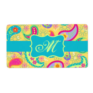 Étiquette Yellow Turquoise Modern Pasley Pattern Monogram