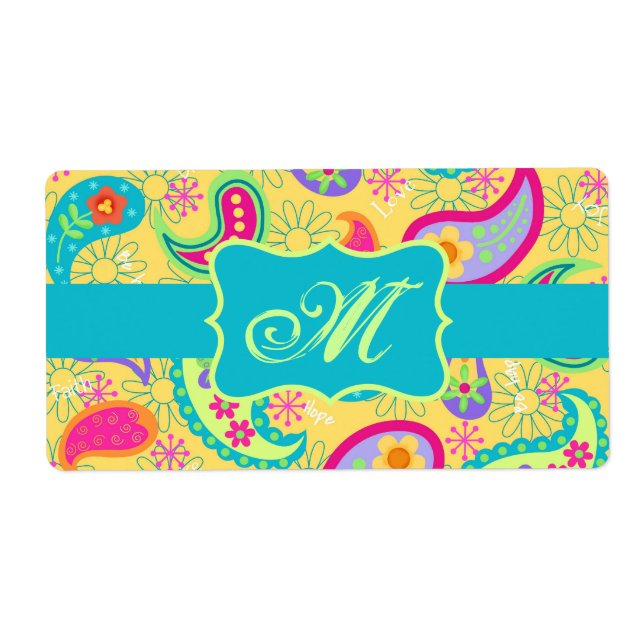 Étiquette Yellow Turquoise Moderne Pasley Motif Monogramme (Devant)