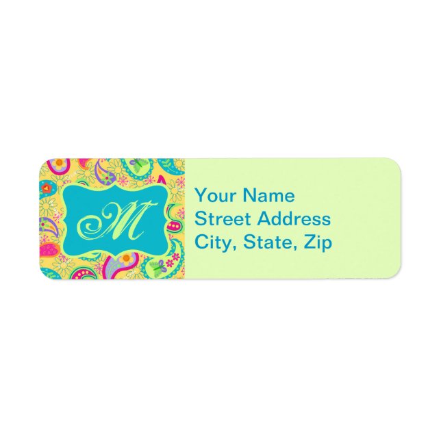 Étiquette Yellow Turquoise Moderne Pasley Motif Monogramme (Devant)
