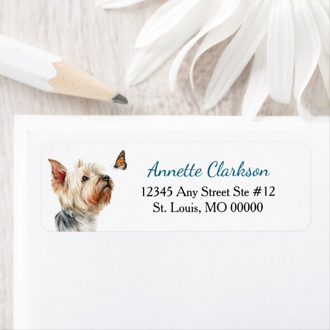 Étiquette Yorkshire Terrier Butterfly Wonder Return Address (En situation)