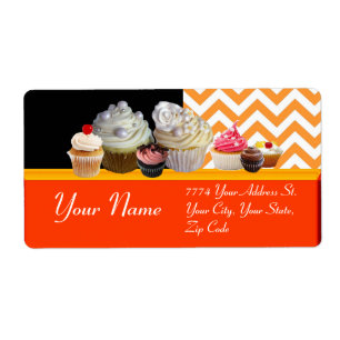 Étiquette YUMMY CUPCAKES DESERT SHOP, Orange White Chevron