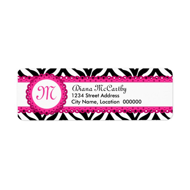 Étiquette Zebra Print & Hot Pink Lace Monogramme (Devant)