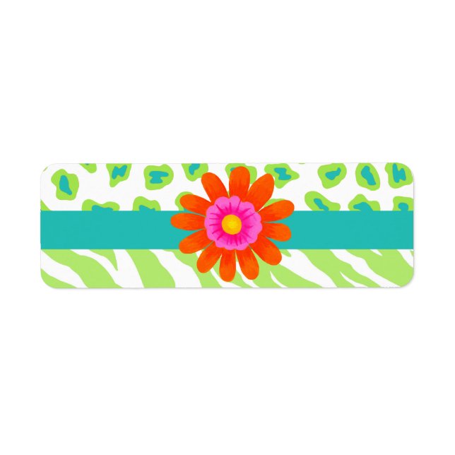 Étiquette Zèbre vert, blanc et Turquoise & Fleur orange Chee (Devant)