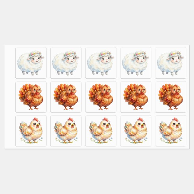 Étiquettes Animaux de ferme mignons (Feuille)