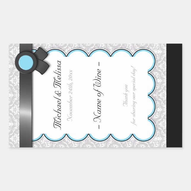 Étiquettes Aqua Blue & Grey Mariage damassé Wine B (Devant)