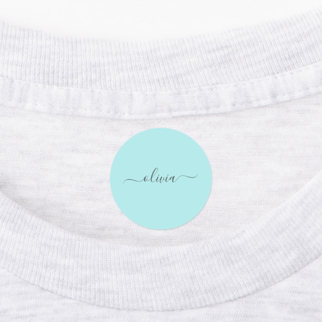 Étiquettes Aqua Blue Turquoise Moderne Script Girl Monogramme (Apposé)