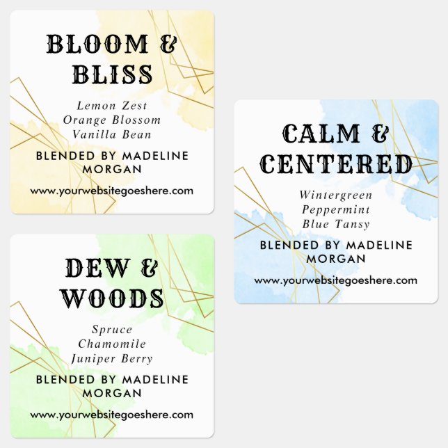 Étiquettes Aquarelle bleue Faux Or Géométrique Huiles Essenti (Groupe)