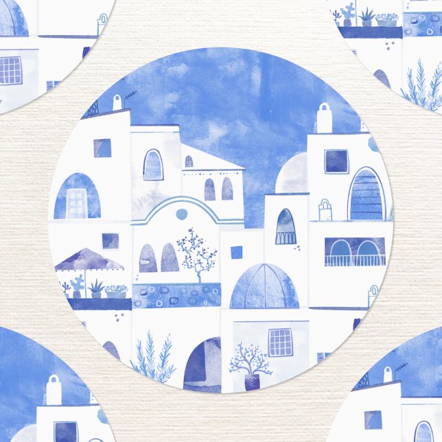 Étiquettes Aquarelle Santorin (Santorini Greece blue and white watercolor painting sticker)
