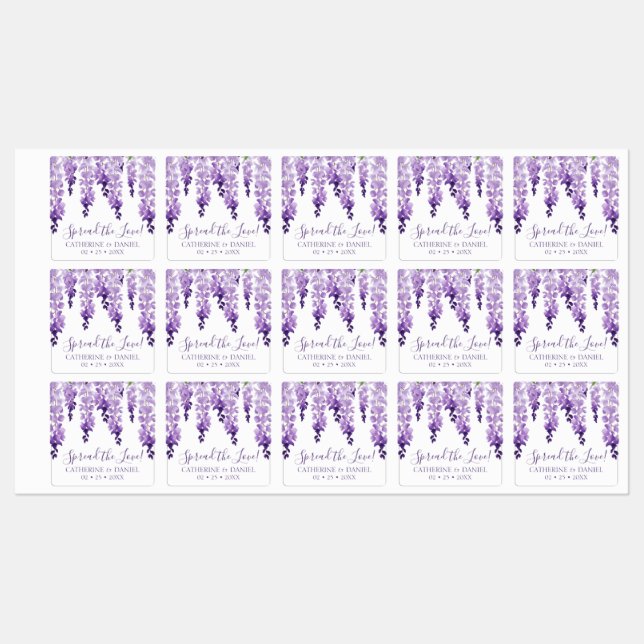 Étiquettes Aquarelle Wisteria Mariage Étaler Le Script d'amou (Feuille)