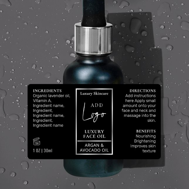 Étiquettes Argent Noir 1 OZ 30ml Bouteille Soin imperméable (Elegant black and silver 1 OZ cosmetic bottle waterproof label *verify size*)