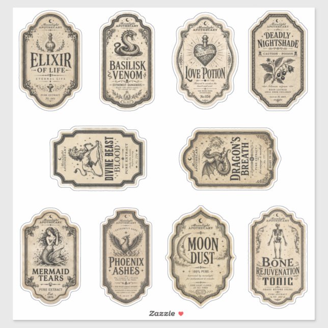 Étiquettes Autocollantes de Potions d'Apothicaire  (Feuille)