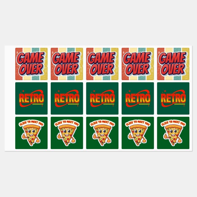 Étiquettes Autocollants. Retro. Pizza. C'est fini. (Feuille)