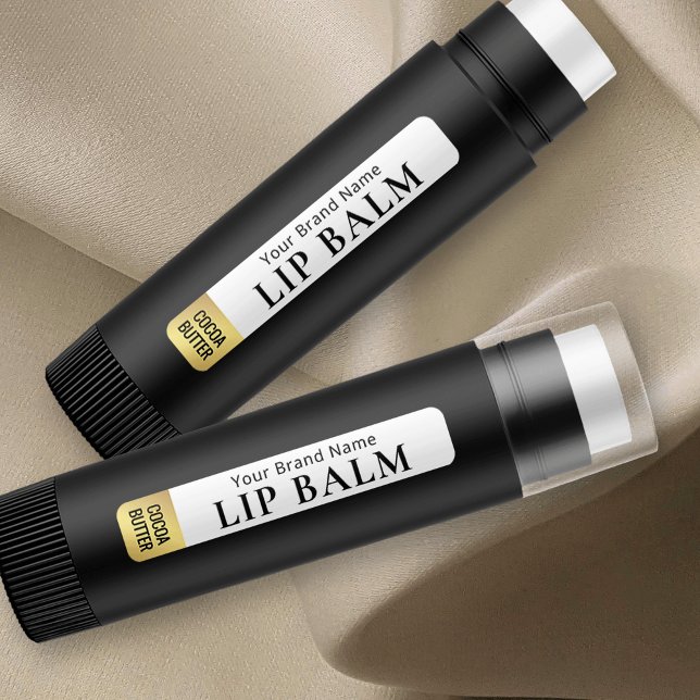 Étiquettes Baume à lèvres imperméable au rouge à lèvres blanc (White and gold effect lip balm stickers with fully editable text)