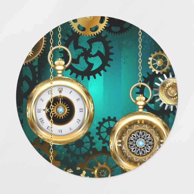 Étiquettes Bijou Steampunk Montre sur un fond vert (Design 1)