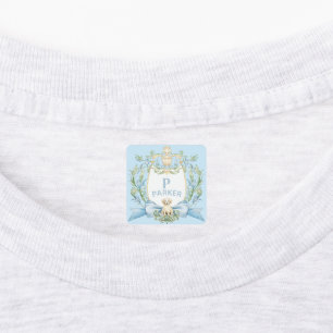 Étiquettes Bleu Grandmillennial Chiot Monogramme Ribbon Crest