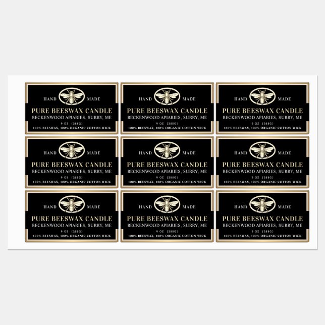 Étiquettes Bougie en cire d'abeille noire Rectangle abeille h (Feuille)