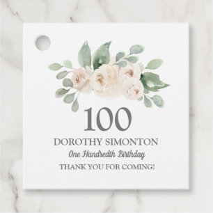 Étiquettes Cadeau 100e fête d'anniversaire Rose blanche Eucalyptus
