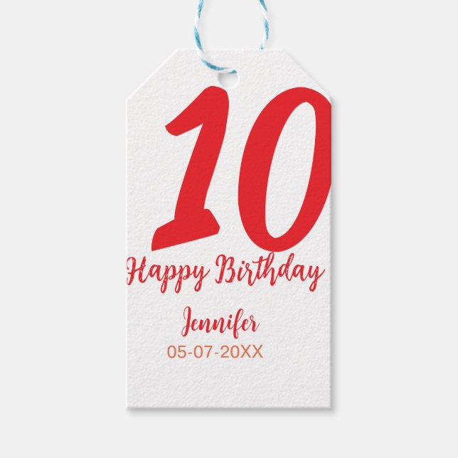 Étiquettes-cadeau 10e anniversaire ajouter nom date année rouge modè (Devant)