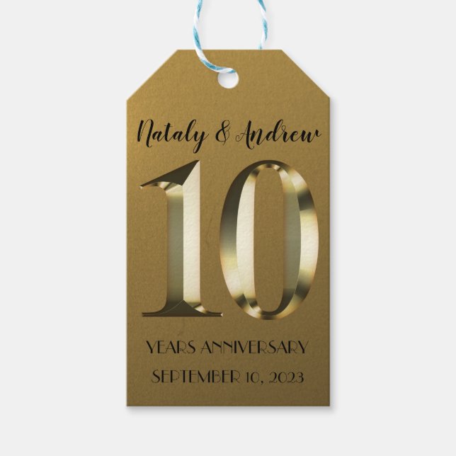 Étiquettes-cadeau 10e anniversaire Mariage d'or métallique (Devant)