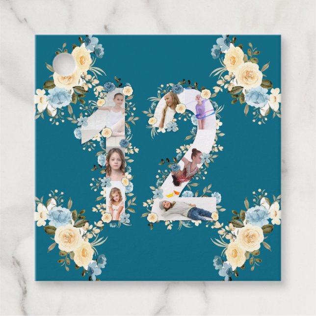 Étiquettes Cadeau 12e anniversaire Turquoise Fleur photo Collage Jau (Devant)